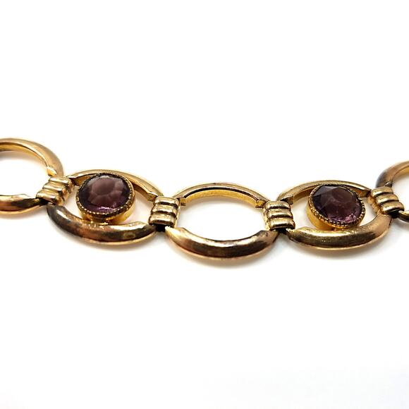 Vintage Simmons Bracelet Purple Glass Gold Tone Links 1920 1940 Egyptian Revival - Picture 2 of 10
